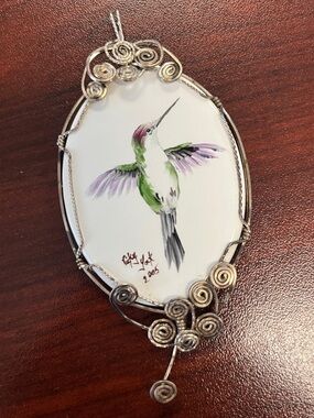 Hand-Painted Hummingbird Pendant Necklace in Green & Purple
